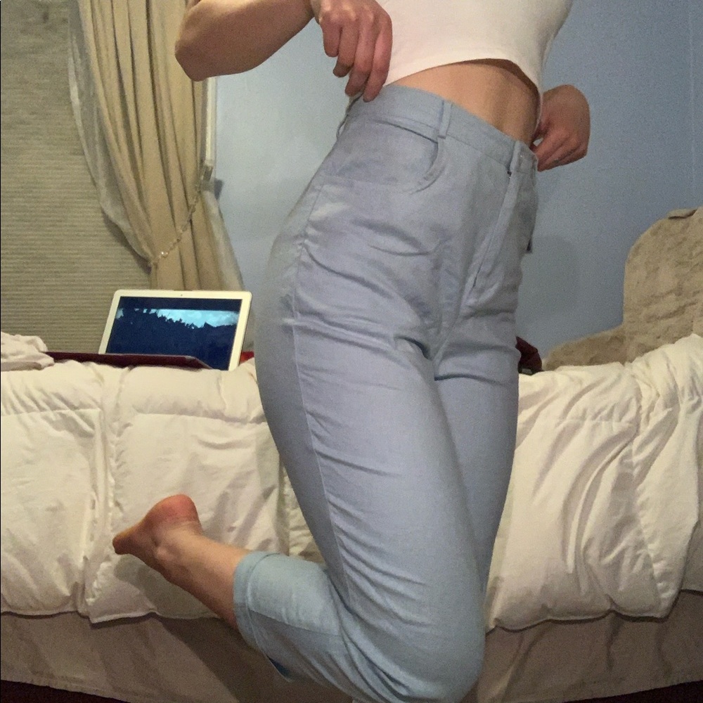 high waisted light blue trousers